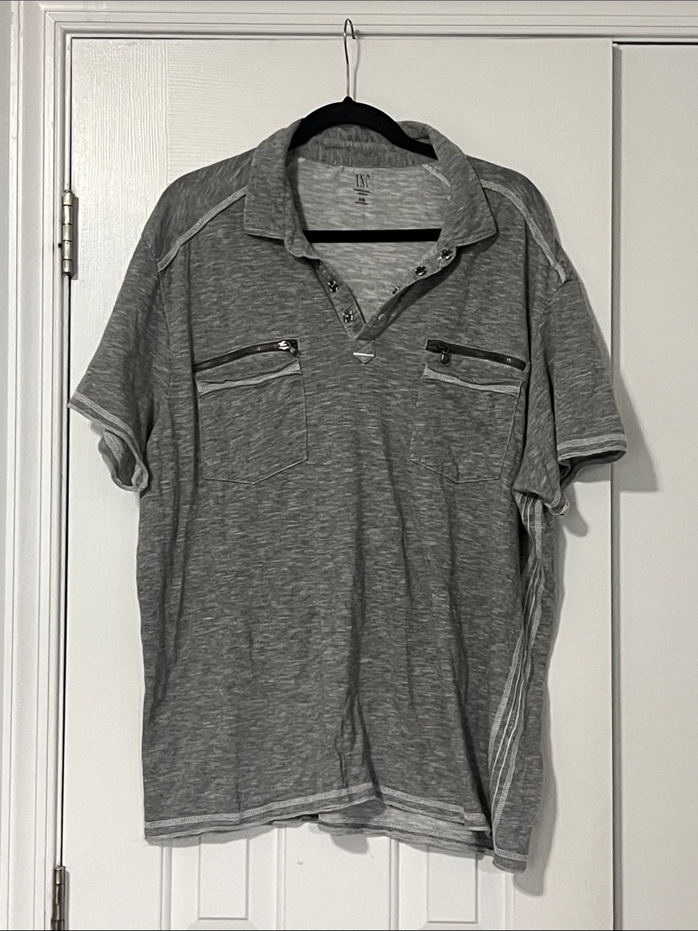 INC International Concepts Men's Gray Short-Sleeve Polo with Zip Chest Pockets